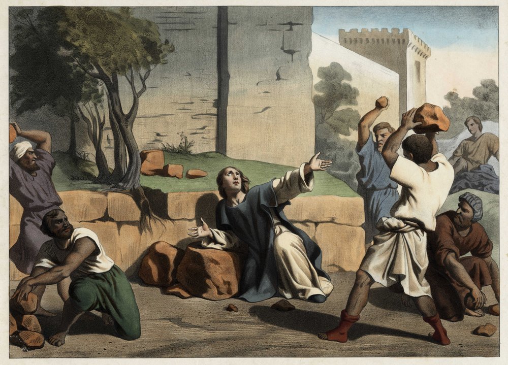Santo Estêvão apedrejado pelos judeus é considerado o primeiro mártir cristão. Gravura anónima de meados do século XIX.